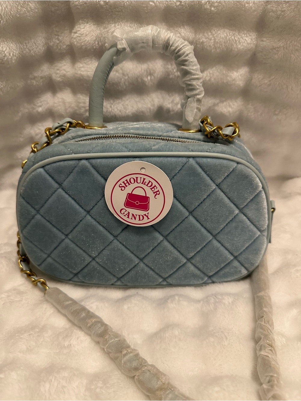 Quilted Velvet Light Blue Crossbody Bag with Gold Chain